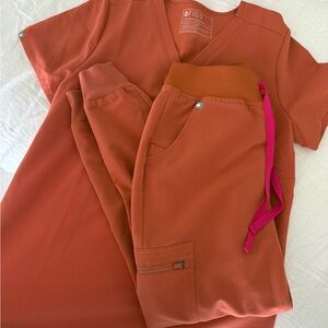 Figs Orange Track Pants with Pink Drawstring
